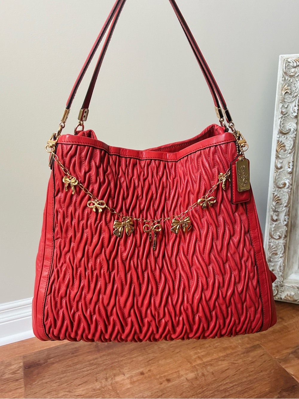 Coach Red Ruched Leather Shoulder Bag with Gold Charm Chain